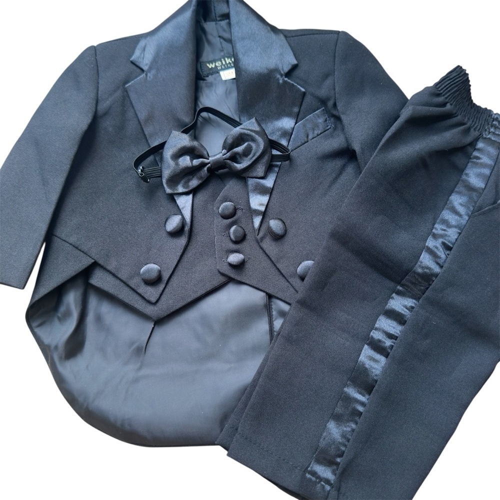 Weikexi Baby Boy 3M Black 4 Piece Suit Formal Tuxedo Set, Like New - Picture 2 of 8